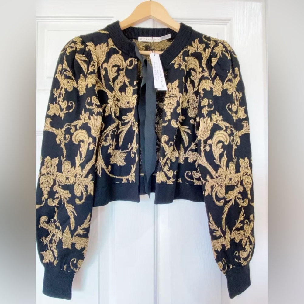 NWT $495 Alice + Olivia Kitty Jacquard Tie-Front Cardigan - Picture 5 of 7